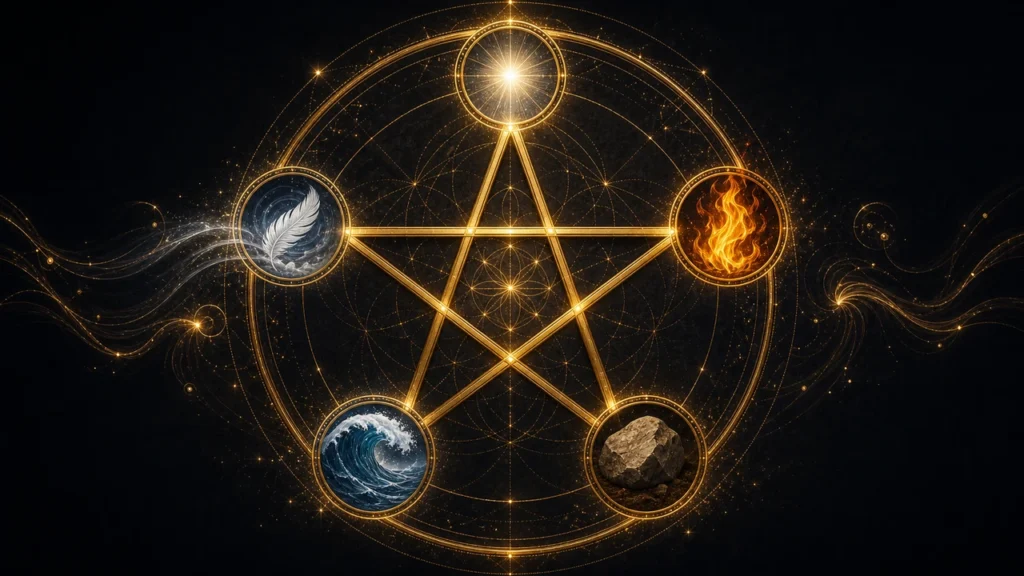 Golden circular sigil with a pentagram and five elemental icons: air (feather), water (wave), earth (rock), fire (flame), and top light against a dark background.