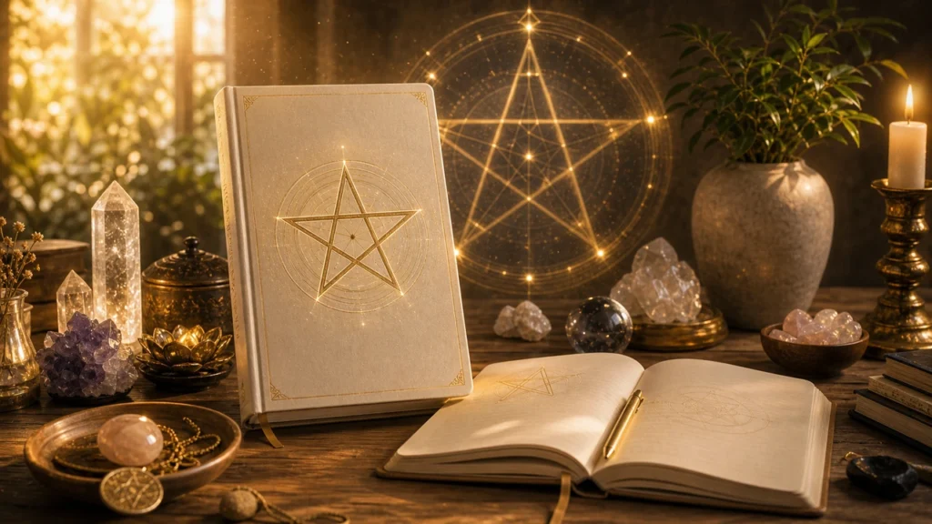 Mystic desk with a large gold pentagram on a book, open notebook, crystals, and candlelight.
