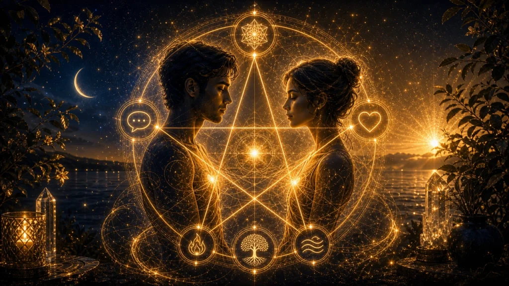 Two people facing each other bathed in glowing golden magical circle and symbols by a moonlit lake, connected energy between them.