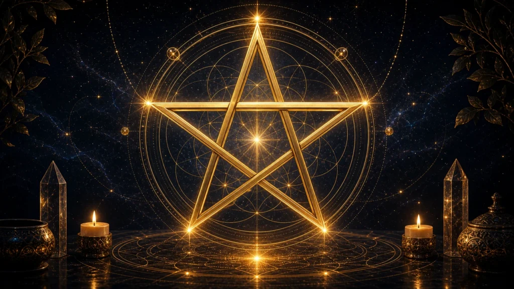 Pentagram Meaning | Golden pentagram with interconnected rings glowing on a dark starry backdrop, framed by candles and crystals in a mystical ritual scene.