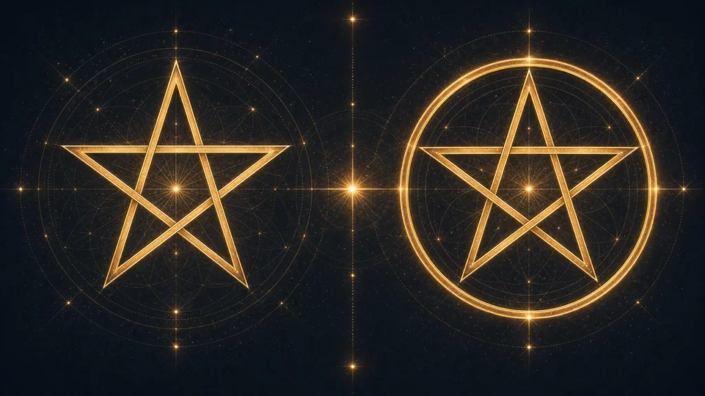 Two glowing gold pentagrams inside circular geometric grids on a dark starry background, split by a vertical line of light.