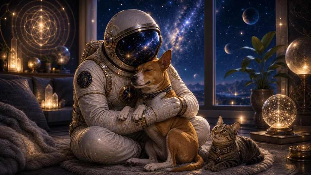 Pet Consciousnes | Astronaut in a white suit hugs a tan dog while a tabby cat sits nearby in a starry, orb-lit room.