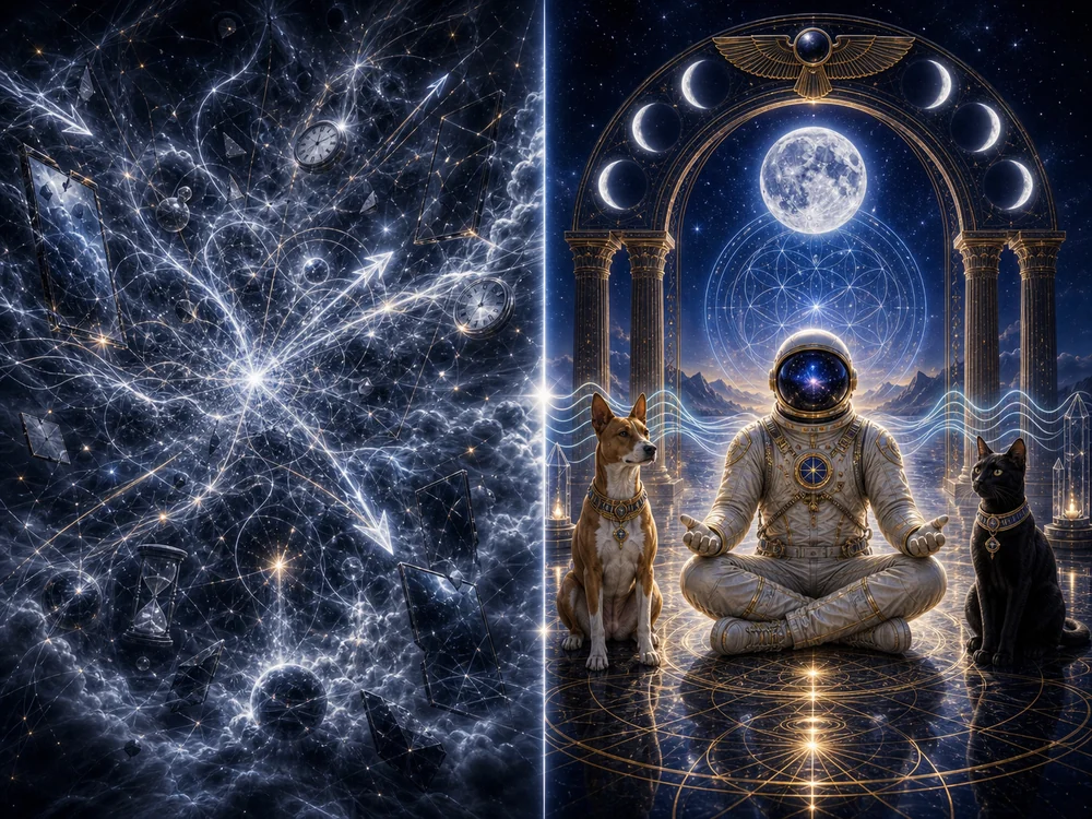 Split image with chaos of space on the left and a meditating astronaut with a dog and cat in a celestial temple on the right, under the moon.