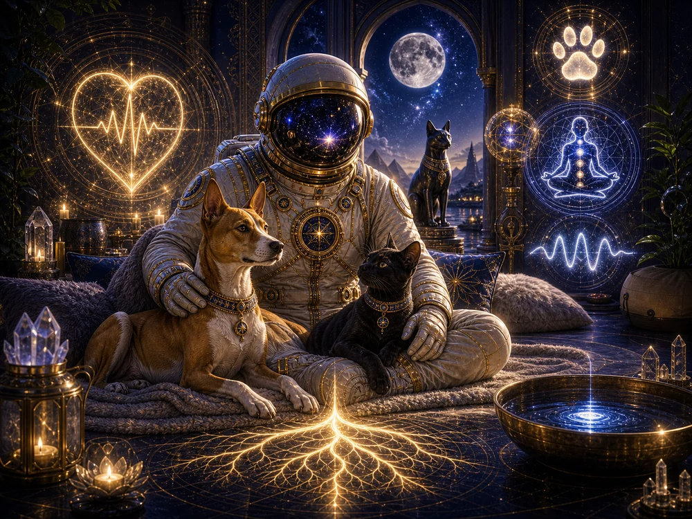 Astronaut in a gold-trimmed suit sits on a rug with a dog and a cat, surrounded by glowing sigils and a moonlit backdrop.