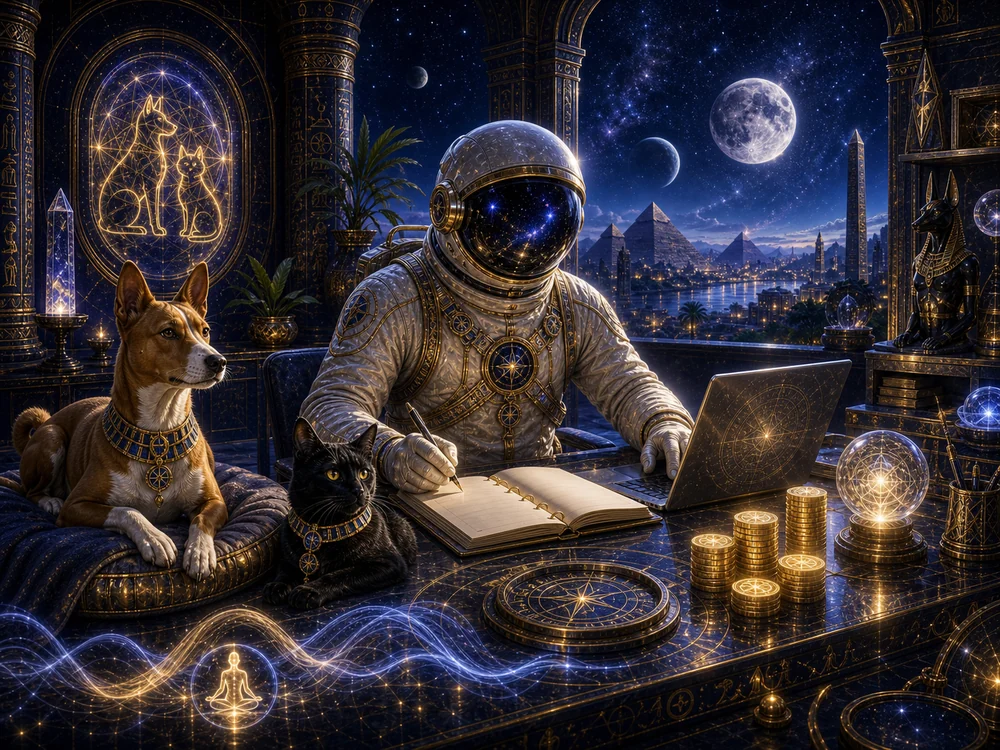 Astronaut in a gilded room writes in a notebook beside a glowing laptop with two dogs watching nearby, starry cityscape through arches behind them.