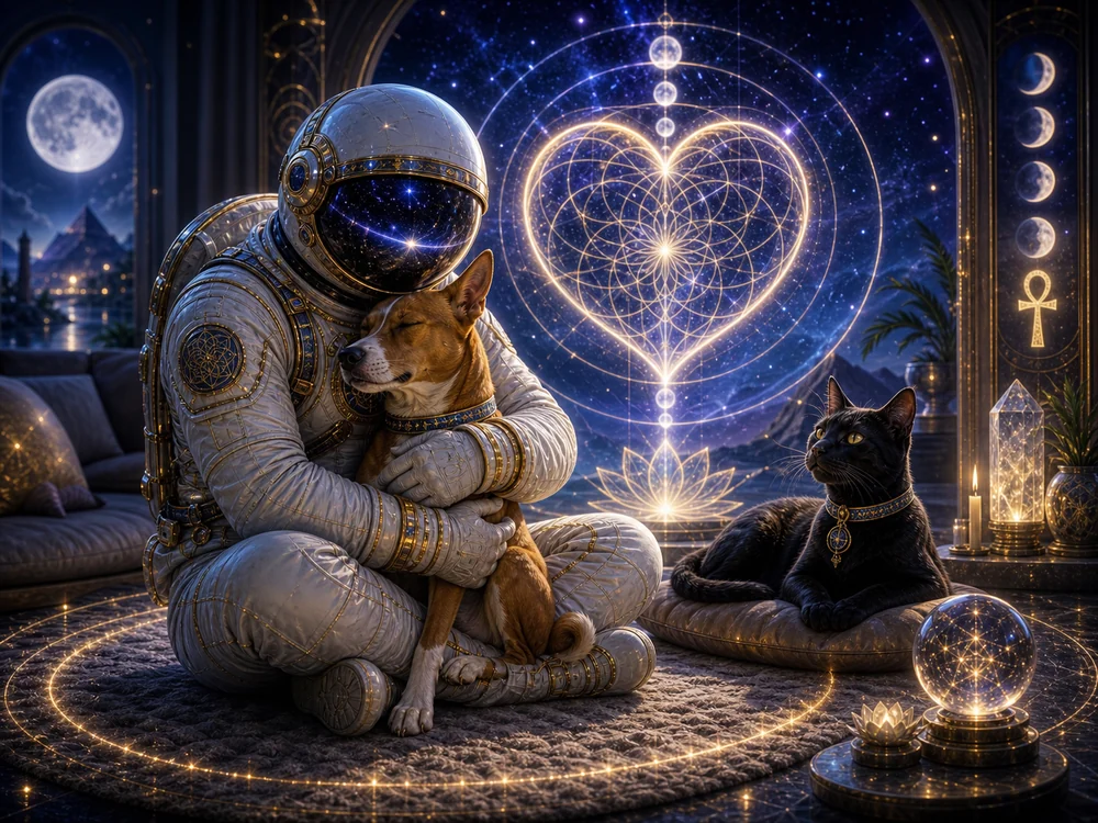 Astronaut in an ornate suit hugs a brown dog while a black cat watches in a magical, starry room with glowing symbols and a heart-shaped light display in the background.