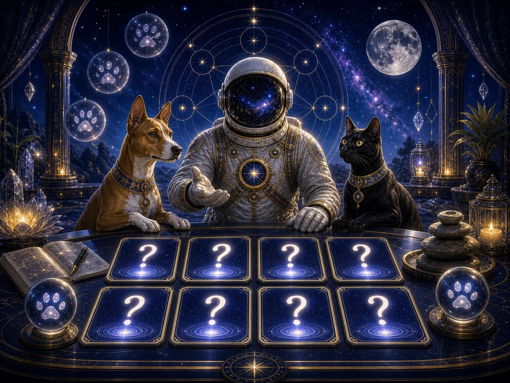 Astronaut in a futuristic suit sits with a dog and a cat before a row of glowing question-mark cards in a moonlit, mystical setting.