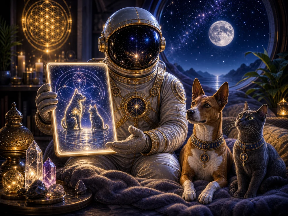 Astronaut in a gold suit holds a glowing tablet showing two cats; a dog and a cat sit beside him under a moonlit night with crystals nearby.