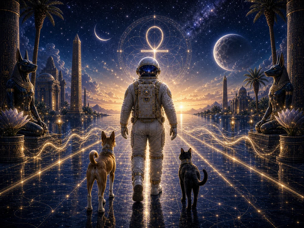 Astronaut in a spacesuit walks with two dogs toward a glowing horizon in a fantastical city with pyramids, obelisks, and a starry sky. | pet consciousness