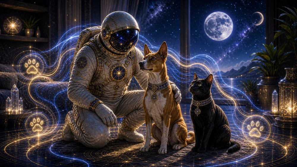 Astronaut kneels beside two dogs in a glowing, space-themed room with crystal accents and magical paw-print light trails. Option: A sci-fi scene of an astronaut with two dogs surrounded by luminous symbols and moonlit windows.