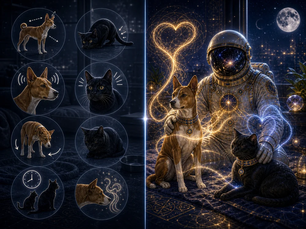 Left: eight circular icons show dogs and cats in various poses; right: astronaut with a dog and a cat amid glowing golden energy and a heart of light.
