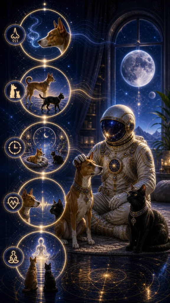 Astronaut in a gold-embellished suit sits with dogs and cats beside glowing circular diagrams in a starry room.