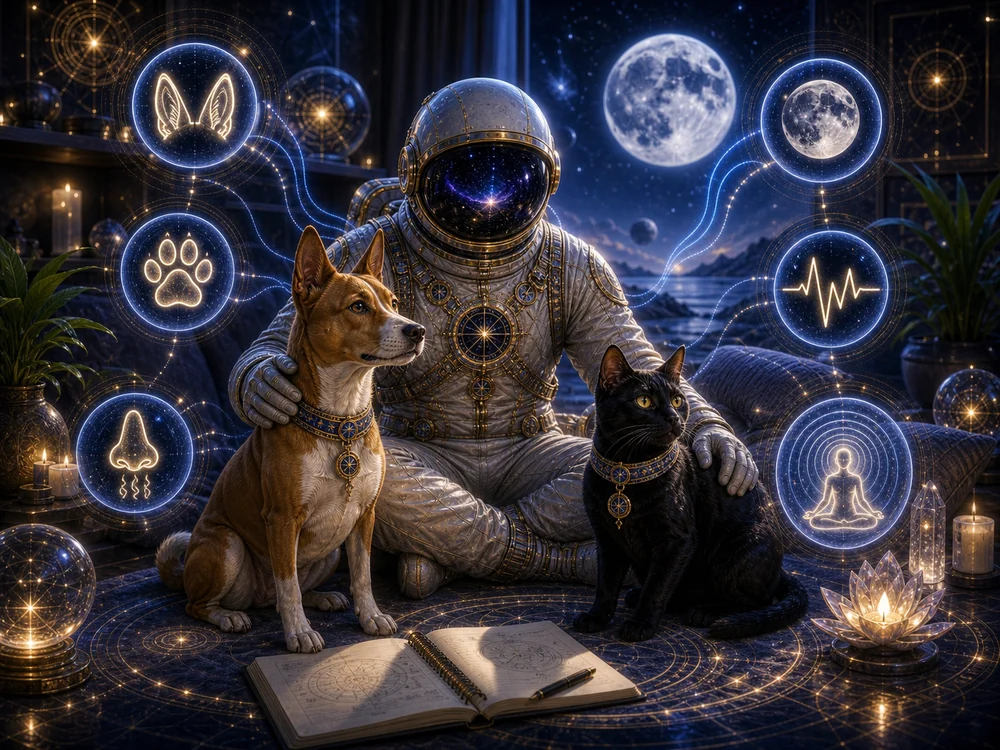 Astronaut with two dogs sits among glowing symbols and an open notebook in a mystical, space-age setting. |
pet intuition