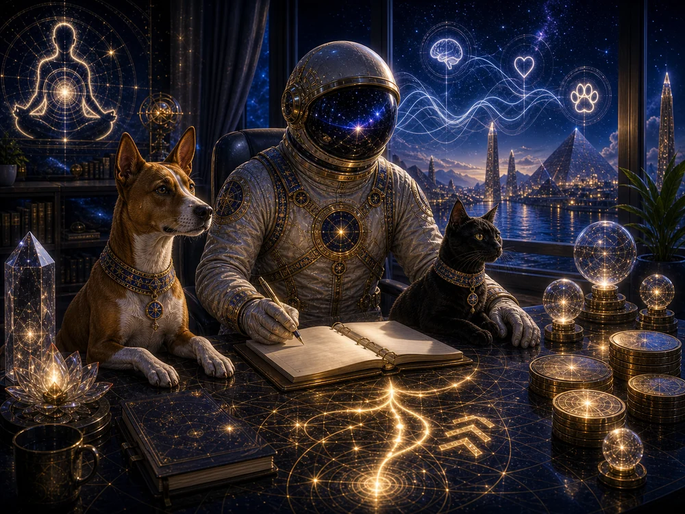 Astronaut in a jeweled suit writes in a notebook at a glowing desk, flanked by a dog and a black cat.