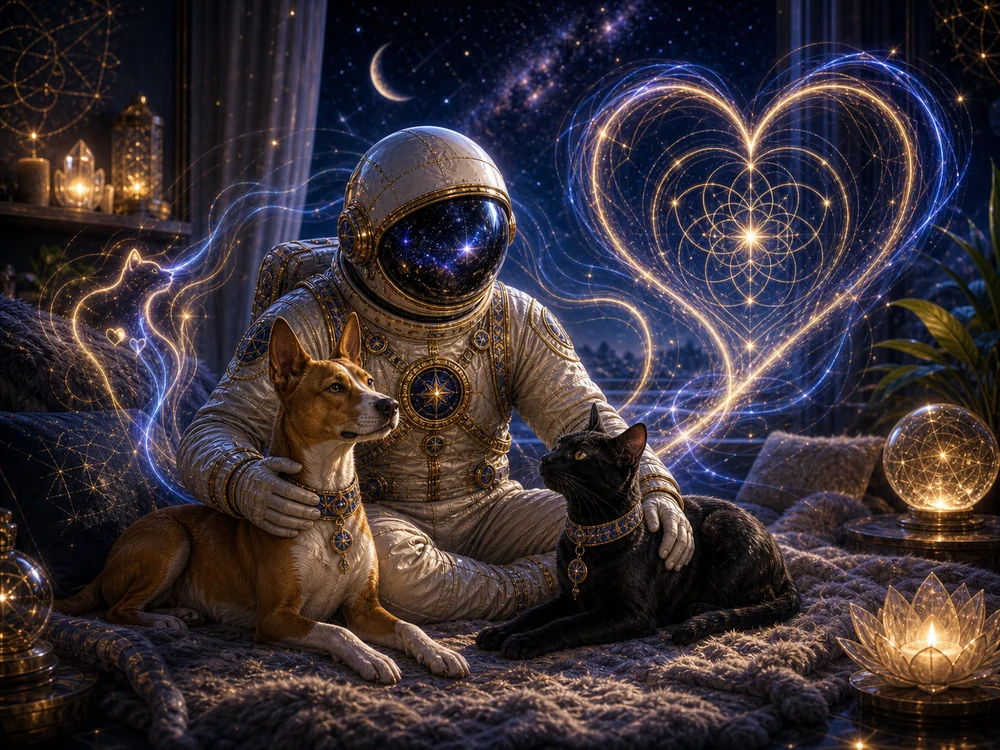 Astronaut in a gold suit sits on a cozy rug with a tan dog and a black cat while glowing cosmic hearts swirl behind them under a starry night.