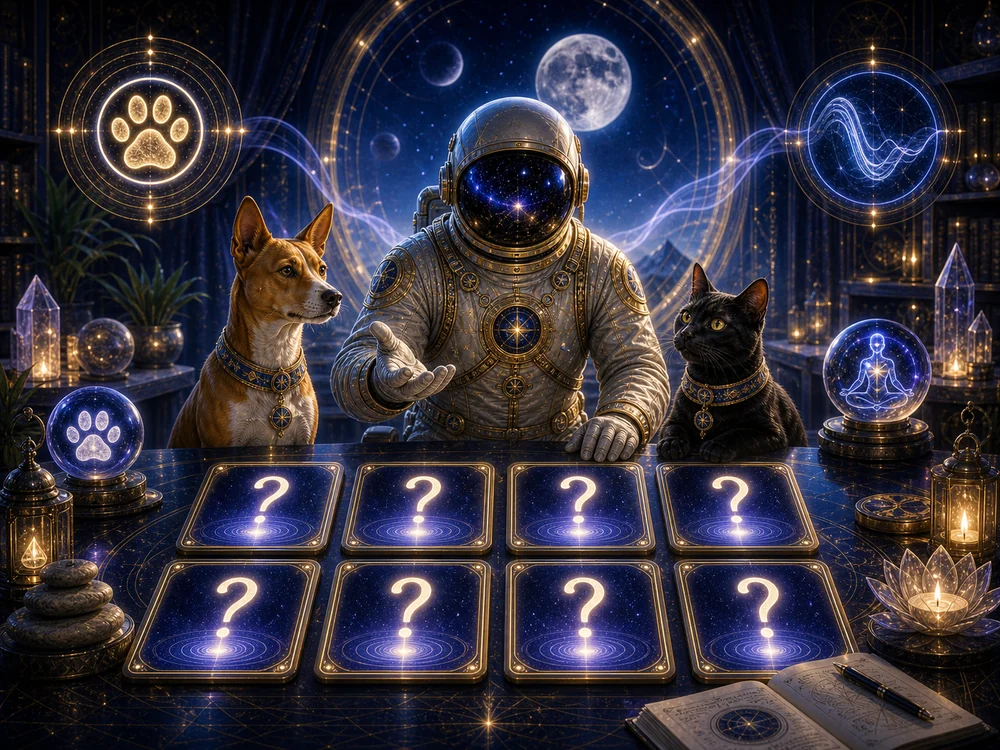 Astronaut in a space suit sits with a dog and a cat at a glowing fortune-telling table, eight cards show question marks in a starry setting.