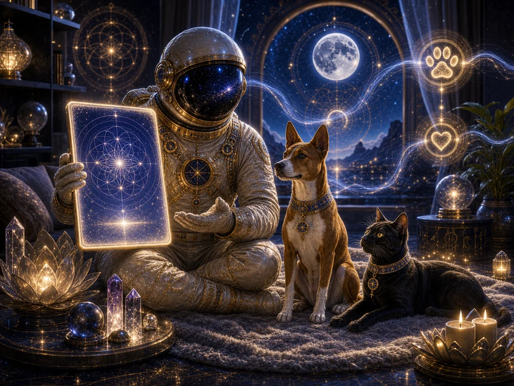 Astronaut in a gold suit shows a glowing tablet to two dogs in a crystal-lit, cosmic room.