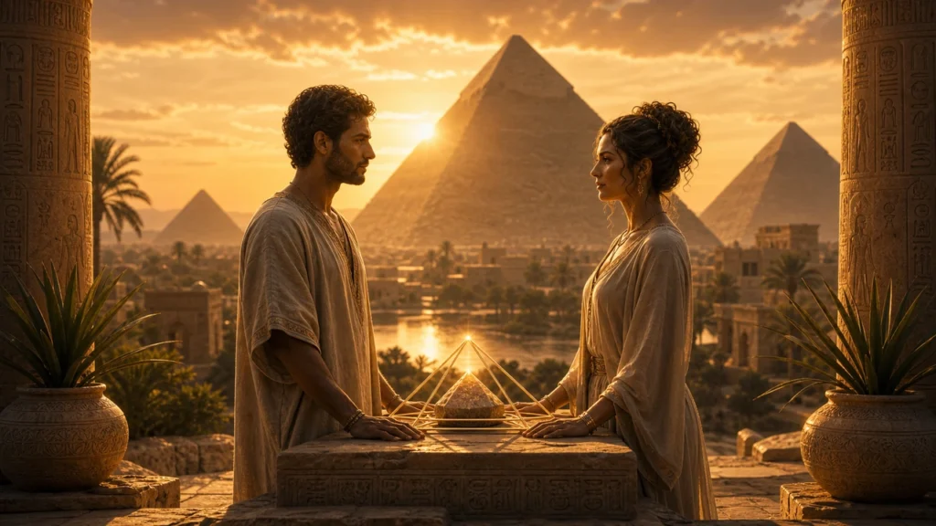 Two people in ancient robes stand opposite each other at sunset, a pyramid-model centerpiece between them on a stone pedestal with pyramids in the background.