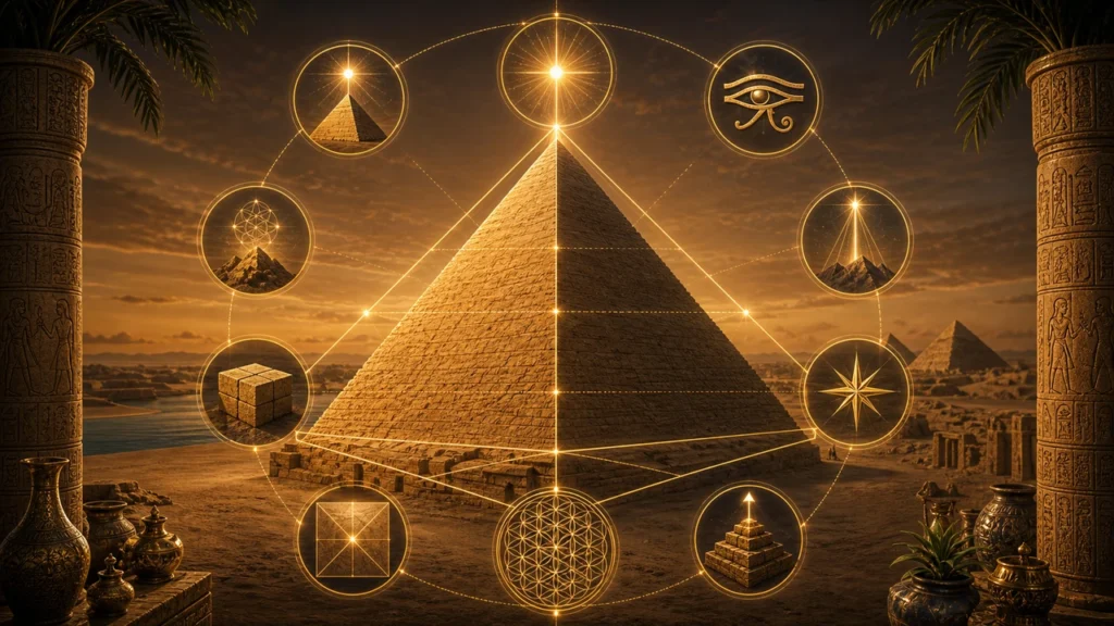 Golden desert at sunset with a large pyramid and glowing sacred geometry circles and symbols around it.