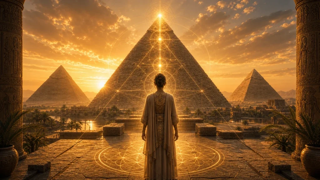 Person in flowing robes stands before the Great Pyramid at sunset, surrounded by glowing geometric circles and energy lines.