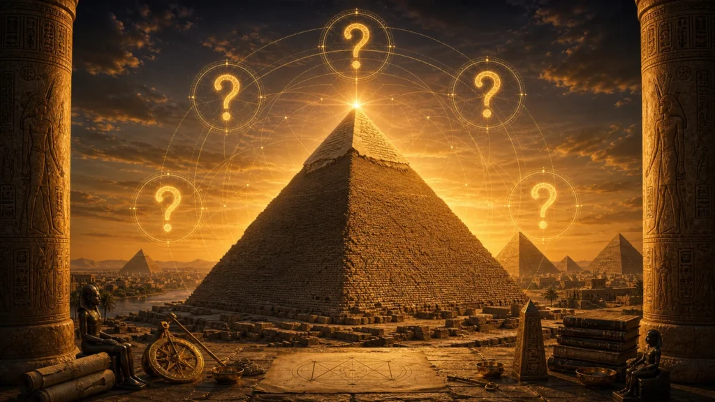 Pyramids of Giza at sunset with glowing question marks and circular orbital rings overhead.