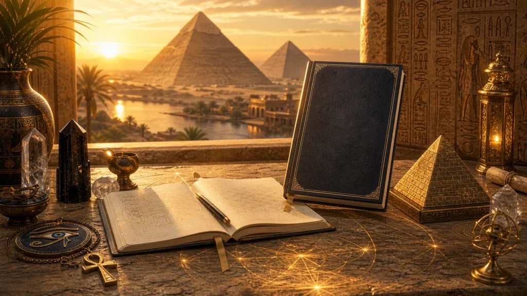 Open notebook with geometric designs on a golden table, next to a large blue antiquarian book, with pyramids and a sunset view in the distance amid Egyptian artifacts.