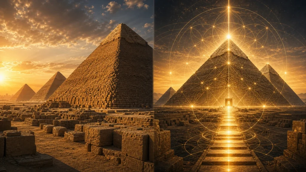 Pyramids of Giza at sunset with a bright golden staircase leading to the central pyramid and glowing circular light rings around it, evoking energy geometry.