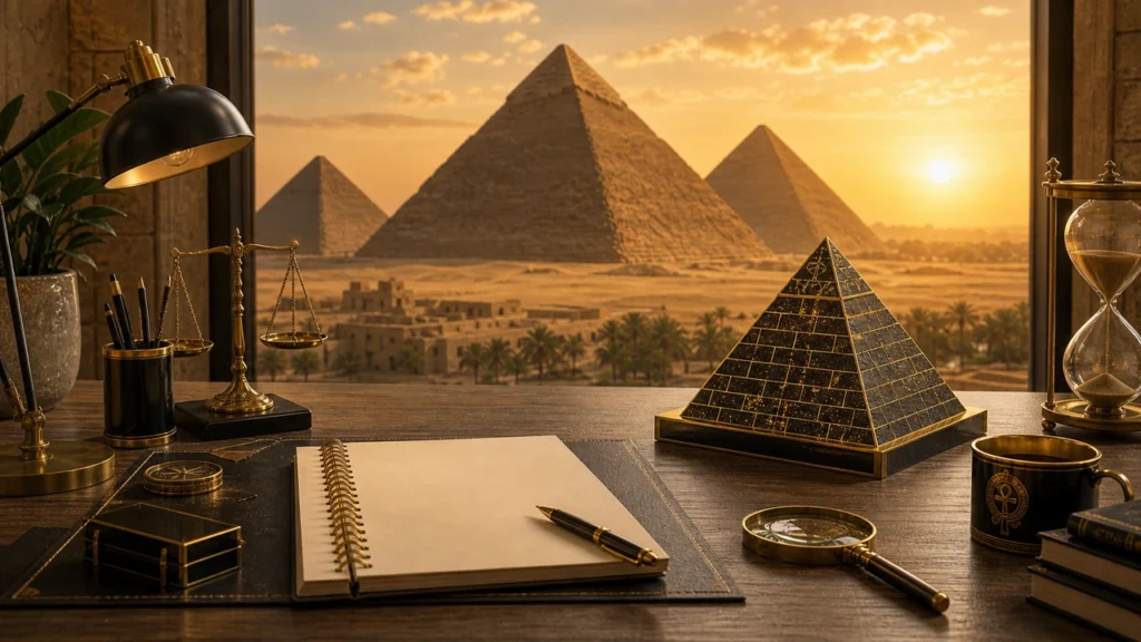 Desk with a notebook and pen, scales, a pyramid model, and an hourglass, as pyramids glow at sunset outside the window.