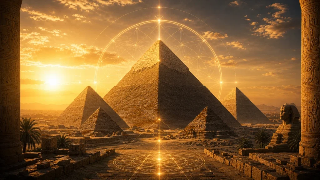 Golden sunset over the pyramids of Giza with a glowing circular geometric design above them.