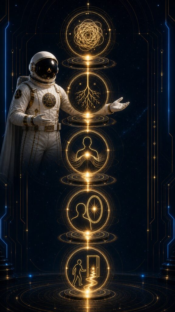 Astronaut stands beside a vertical sequence of glowing golden circles depicting stages of human advancement, from neural patterns to a doorway, in a high-tech cosmic setting.