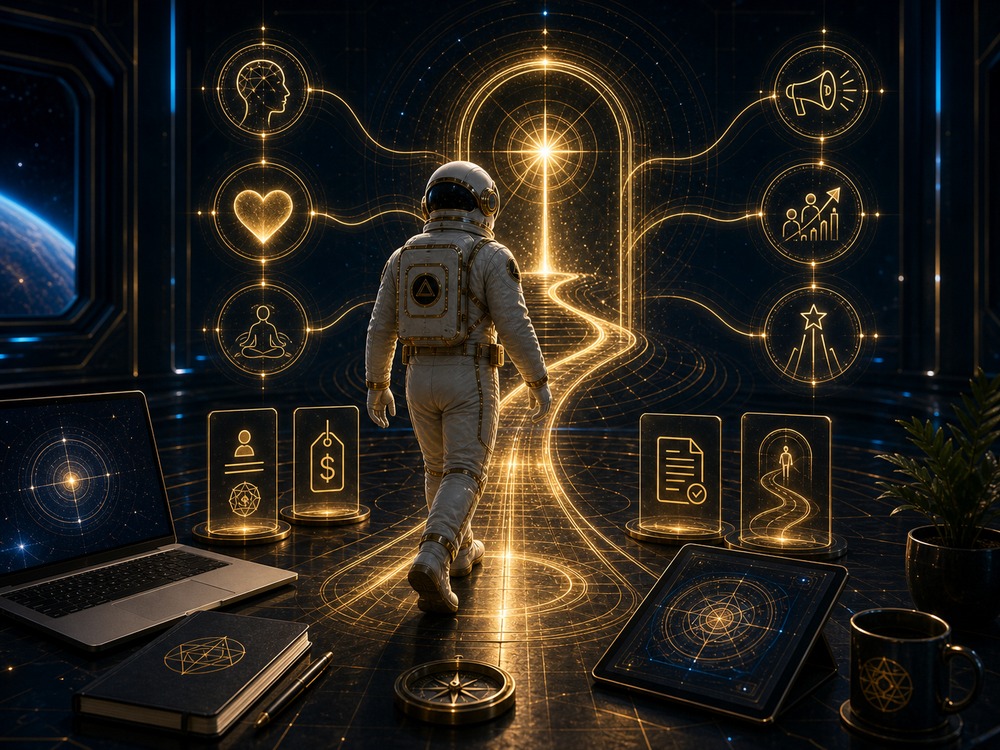 Astronaut walking toward a glowing portal in a high-tech control room with holographic icons and devices.