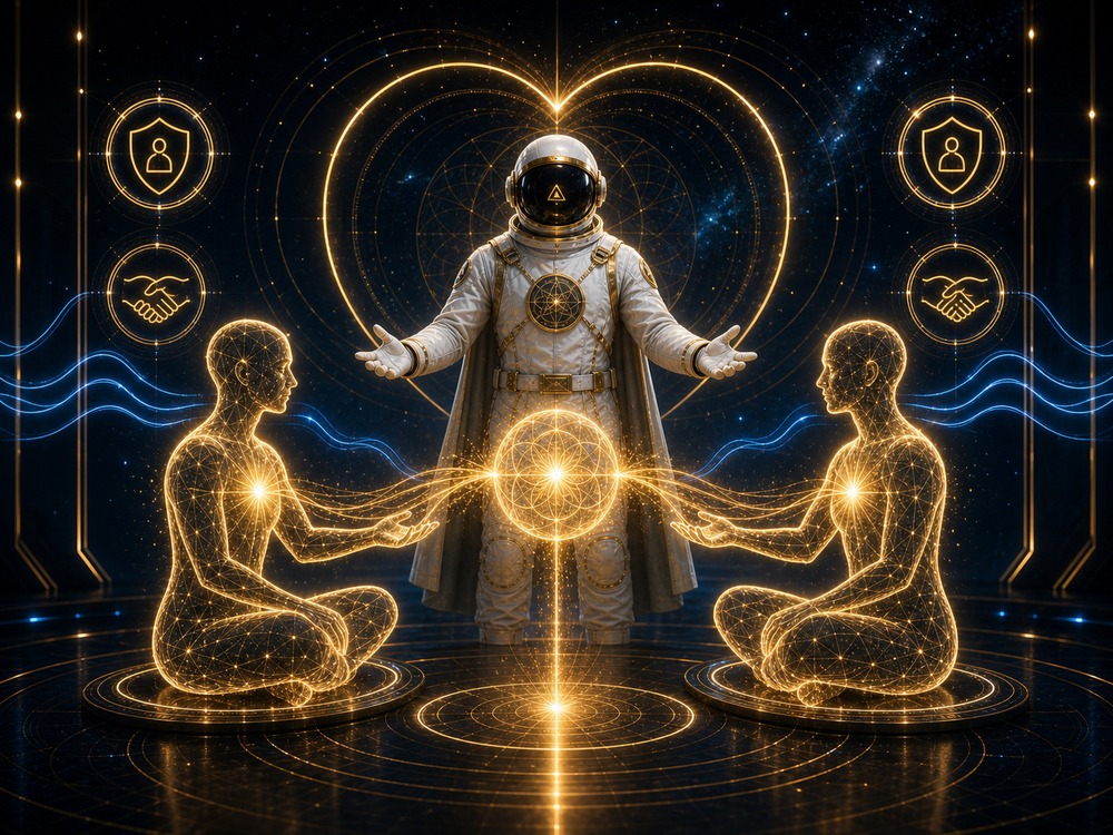Astronaut mentor with outstretched arms between two glowing golden figures meditating in a futuristic energy scene.