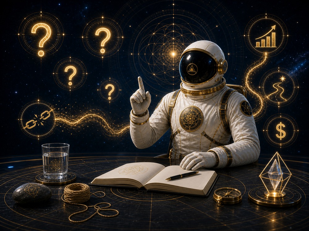 Astronaut in a white suit sits at a high-tech desk with an open notebook and a pen, glowing golden question marks and icons around.