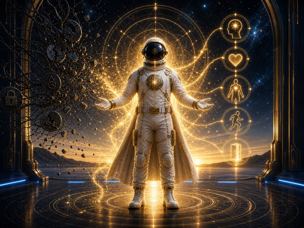 Astronaut in a white suit stands in a glowing golden energy circle with celestial rings, right-side vertical icons showing head, heart, figure, running, and door against a starry backdrop.