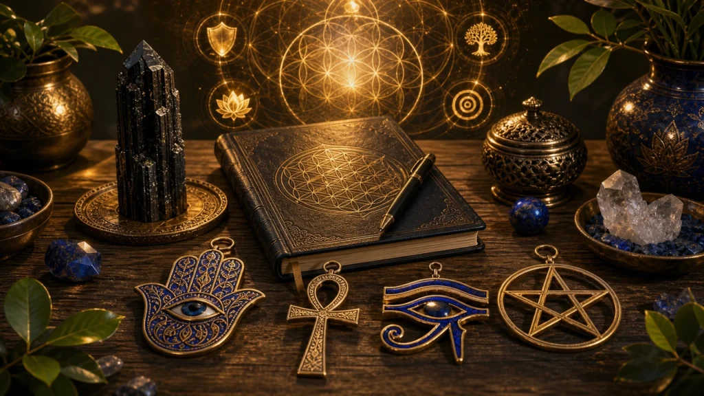 Ornate book with geometric circle on a wooden table, surrounded by mystical charms and crystals; Hamsa, Ankh, Eye of Horus, pentagram.