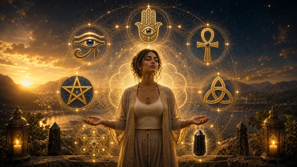 Woman meditating with arms open, surrounded by glowing sacred symbols (eye, hamsa, star, cross, triquetra) at sunset over a rocky landscape.
