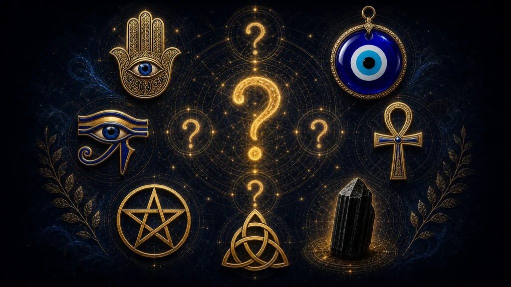 Decorative collage of occult symbols (Hamsa, Eye of Horus, Ankh, pentagram, triquetra) around glowing question marks on a dark, starry background.