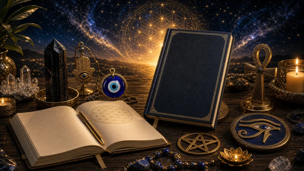 Open notebook with a gold pen beside a blue leather-bound book, surrounded by occult symbols, eye charm, pentagram, candles and crystals on a dark wooden table.