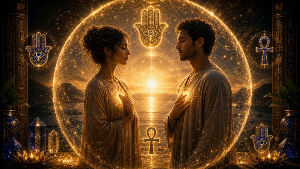 Two people in golden robes face each other inside a glowing circular aura, hands on their chests, at sunset and sacred symbols around them.