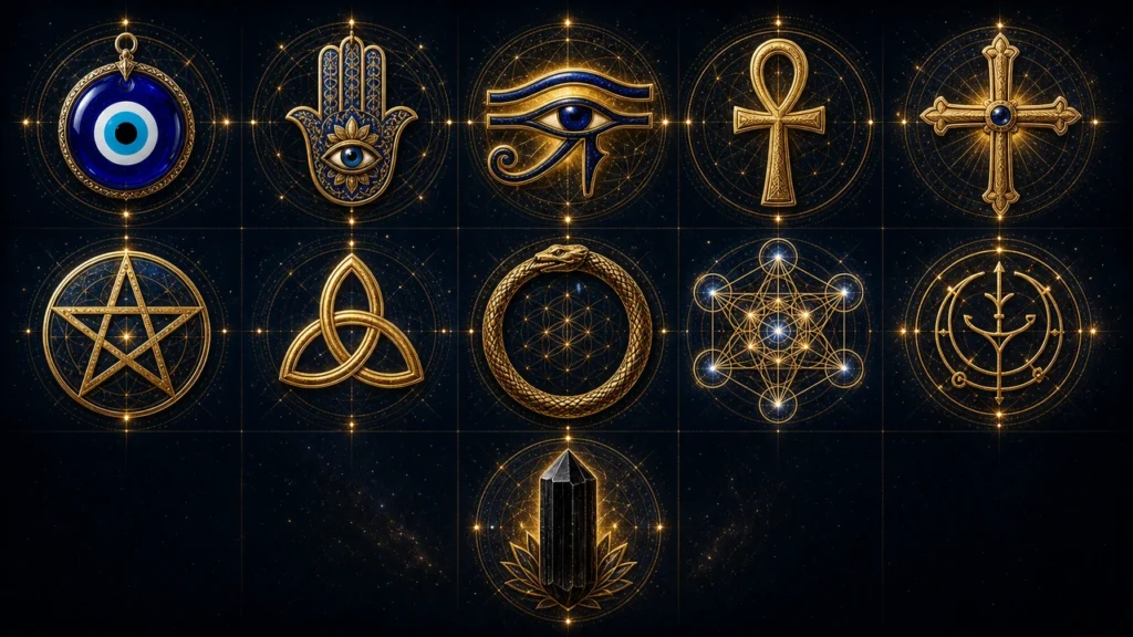 Decorative grid of gold mystical symbols on a dark starry background, including the evil eye, Hamsa hand, Eye of Horus, ankh, cross, pentacle, triquetra, ouroboros ring, Metatron's cube, and a crystal-tipped tower.