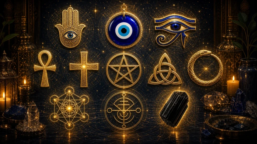 Gold occult spiritual protection symbols arranged on a dark, starry backdrop with candles and crystals (Hamsa, Eye of Horus, cross, pentagram, triquetra, Ouroboros).