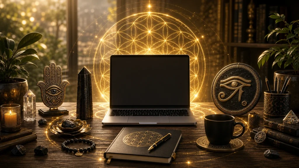 Laptop on a dark wooden desk surrounded by candles, crystals, and esoteric decor with a glowing sacred geometry circle in the background.