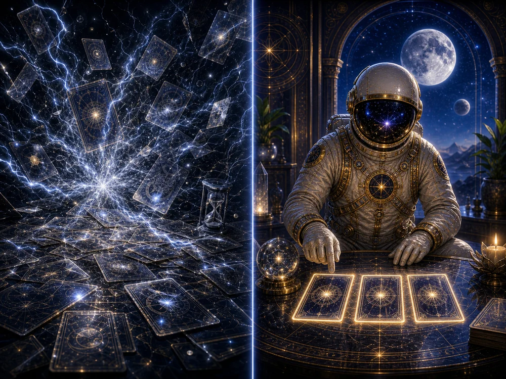 Split scene: left shows electric blue surge with floating tarot cards; right shows an astronaut at a glowing card table under a moonlit window.