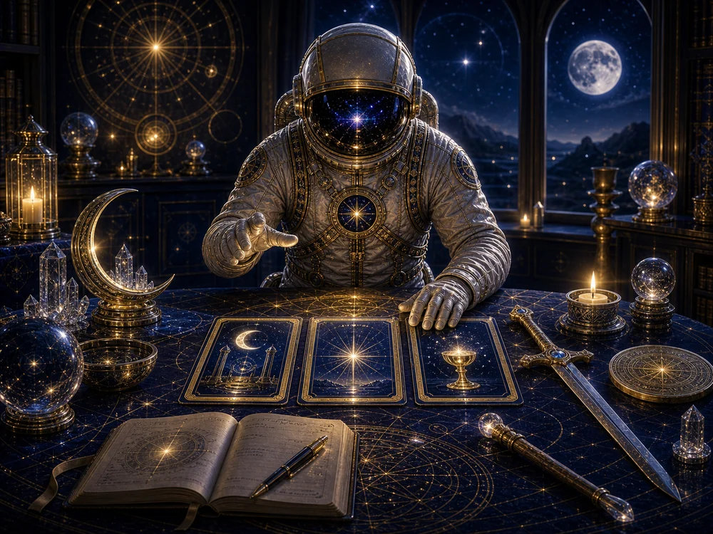 Astronaut in a gold ornate suit studies mystic cards on a starry desk with candles and crystal spheres under a lunar night sky.
