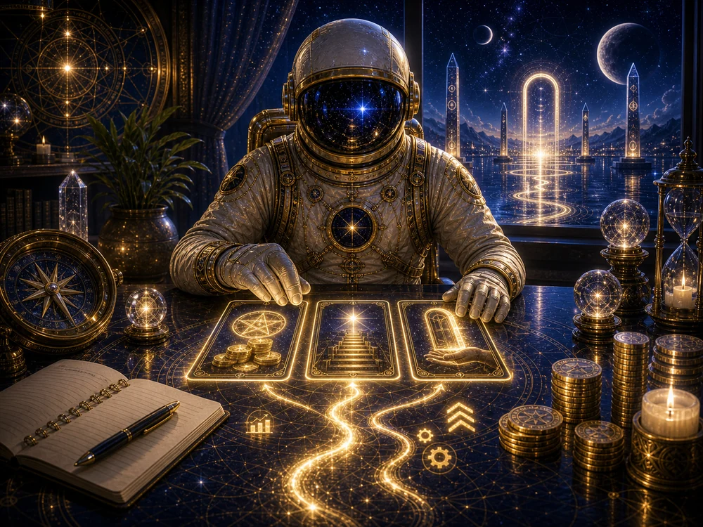 Astronaut in an ornate gold suit studies glowing tarot-like cards on a luxuriously lit desk.