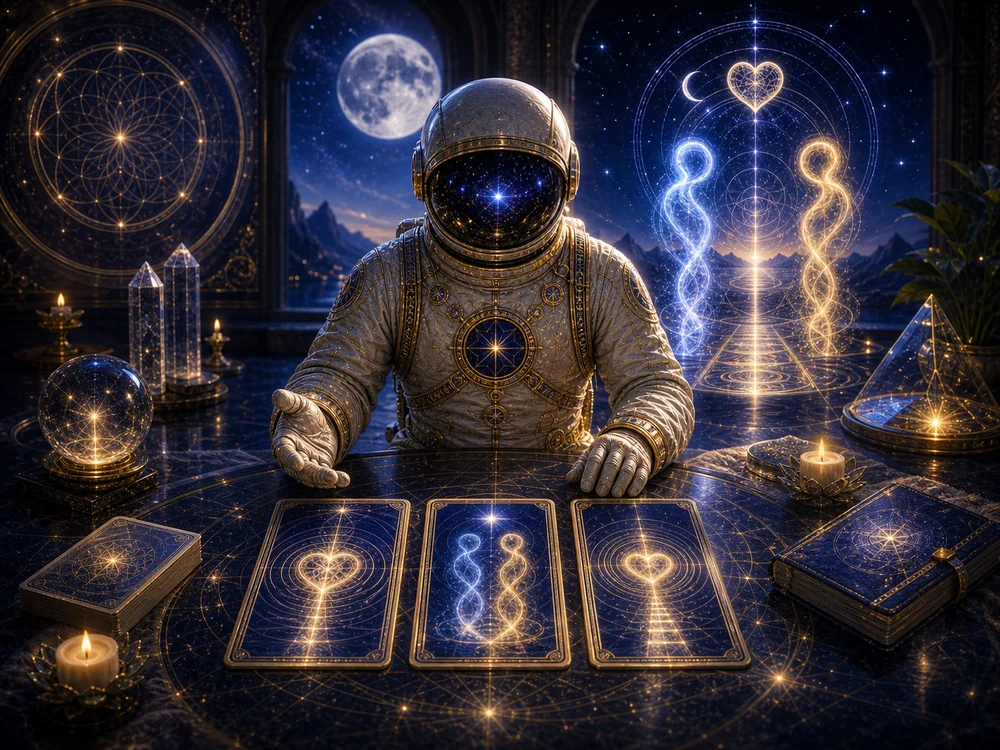 Astronaut in a jeweled spacesuit sits at a glowing tarot table with three illuminated cards amid crystals and magical symbols on a starry backdrop.