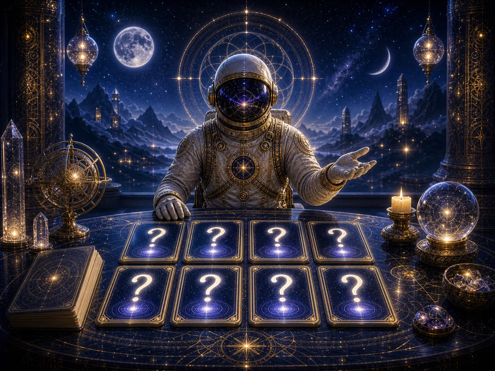 Astronaut in an ornate suit sits at a mystical desk with glowing question-mark cards and celestial instruments in a starry, magical setting.