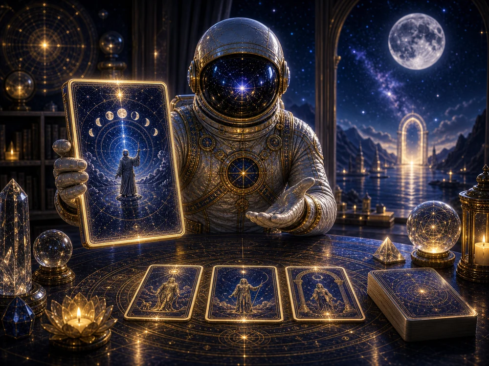 Ornate astronaut in a gold suit holds a glowing ritual card deck in a starry, mystical chamber.