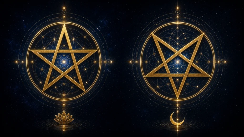 Two large gold pentagrams inside circular geometric patterns on a starry space background; left has a lotus below, right has a crescent.