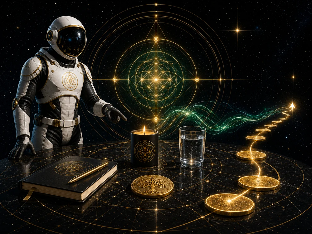 Astronaut in a white suit points toward a glowing sacred-geometric design on a starry table, with a notebook, pencil, gold coins, a candle, and a glass of water nearby.